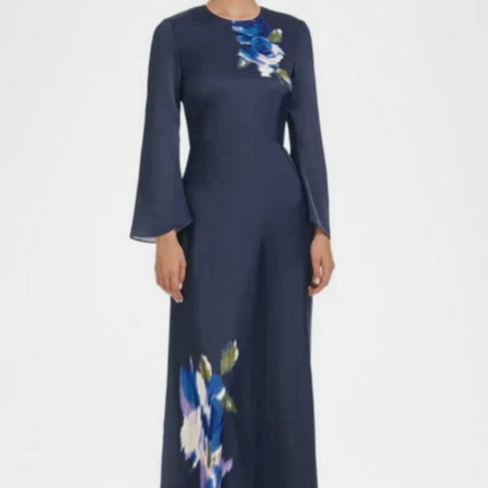 Sachin & Babi Alex Midnight Corsage Long Sleeve Satin Crepe Gown